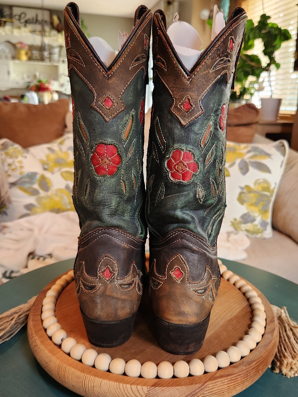 Laredo Brown and Green Western Floral Embroidered Heeled Boots - Picture 4 of 9